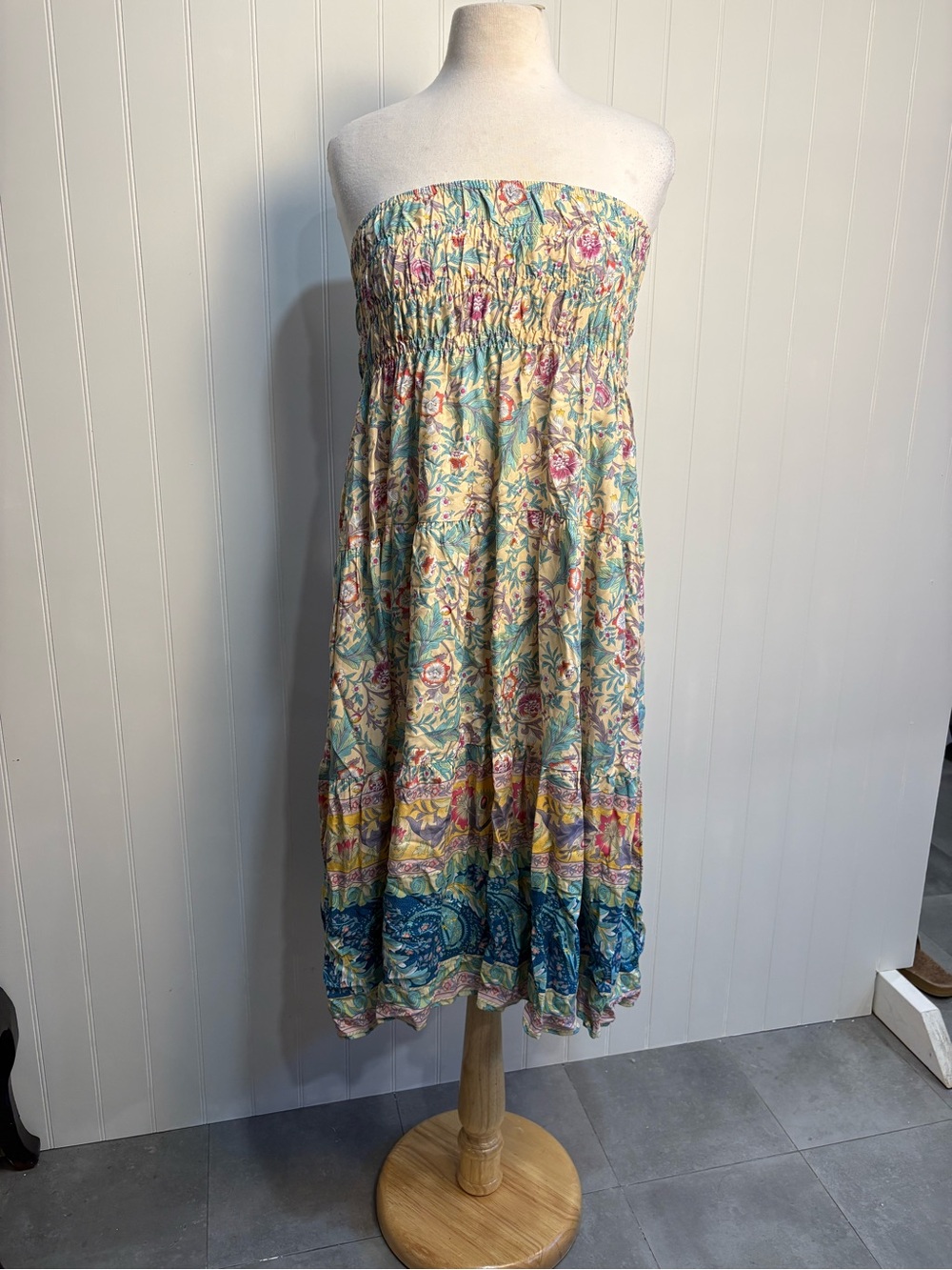 Boho Floral Strapless Midi Dress Festival Garden Wedding Guest Cottagecore M/L